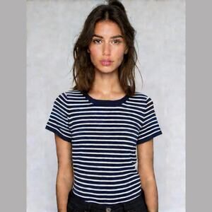 Adrianna Papell Navy & White Knit Ruffle Hem Short Sleeve Sweater Women SZ PS